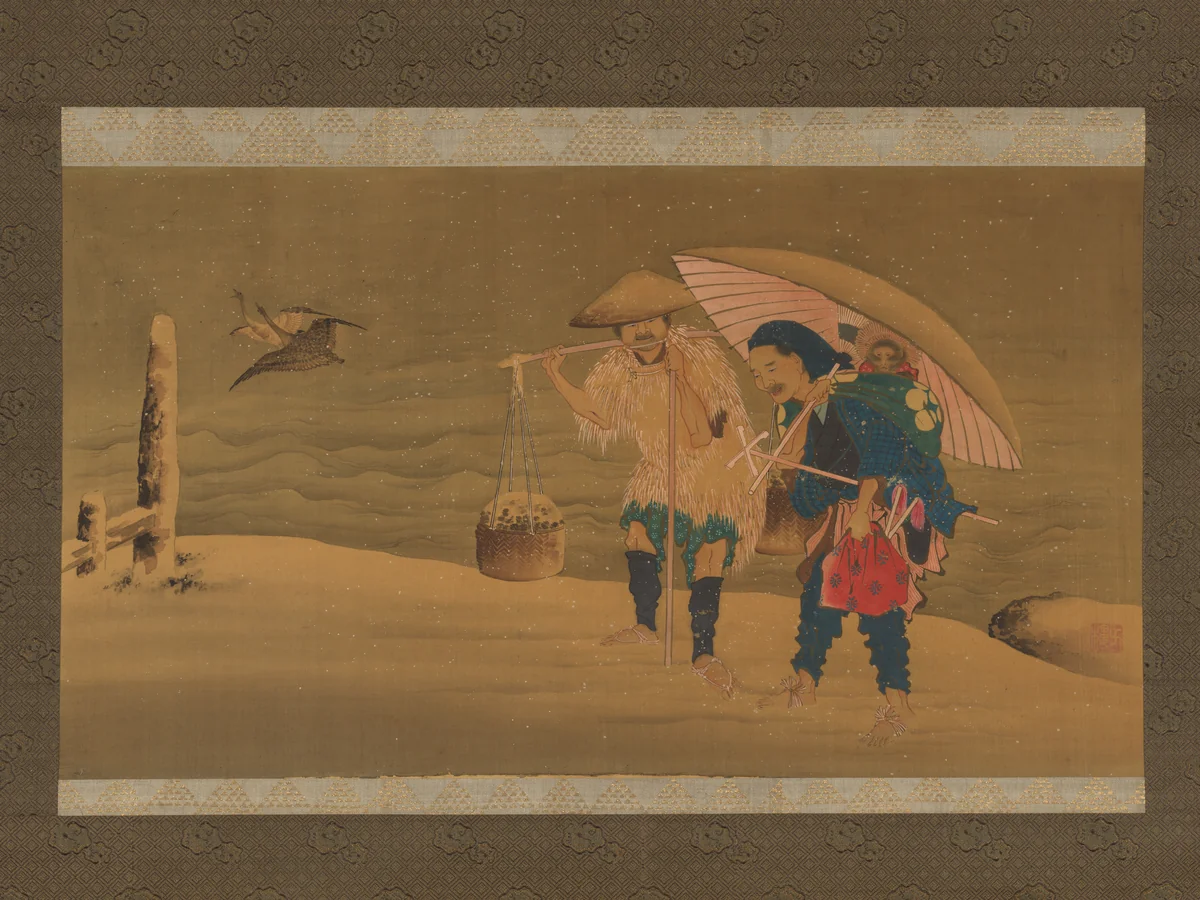 Monkey Showman and Porter(?) in the Snow by Hokuga, painting, 1800-1868