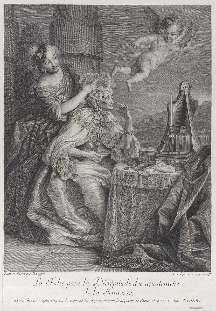 Age adorned by folly with the clothes of youth by Louis Surugue, print, 1745