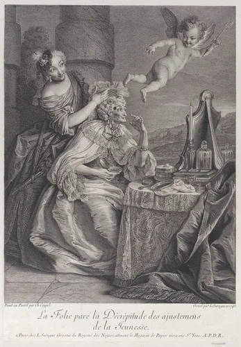 Age adorned by folly with the clothes of youth by Louis Surugue, print, 1745