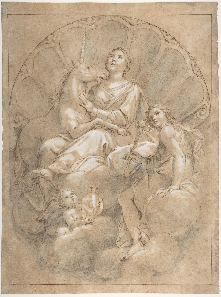 Allegorical Figure of Purity with a Unicorn by Marcantonio Franceschini, drawing, 1688-1689