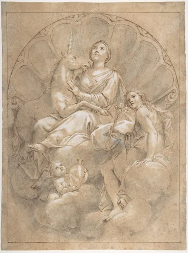Allegorical Figure of Purity with a Unicorn by Marcantonio Franceschini, drawing, 1688-1689