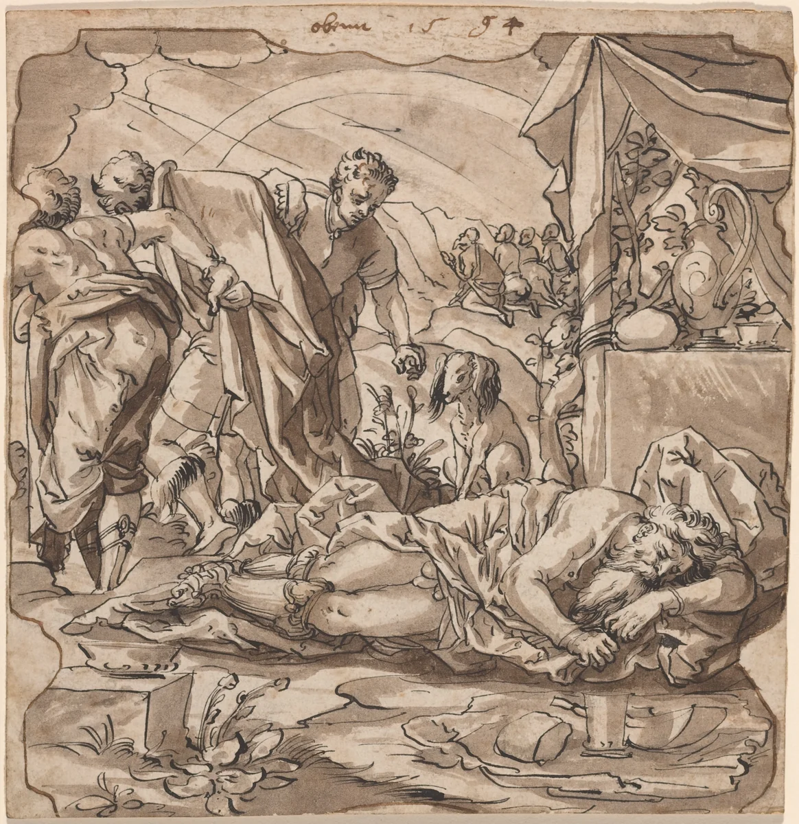 The Drunkenness of Noah by Werner Kübler; Tobias Stimmer, drawing, 1594