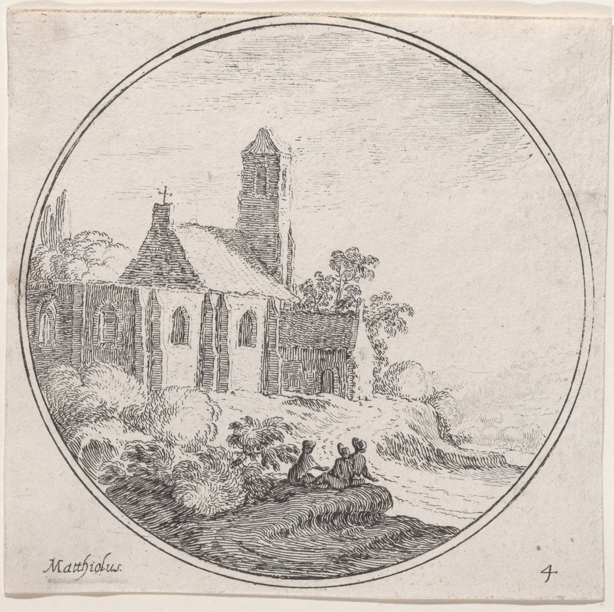 Plate 4: three figures seated outside of a church by Lodovico Mattioli, print, 1680-1747