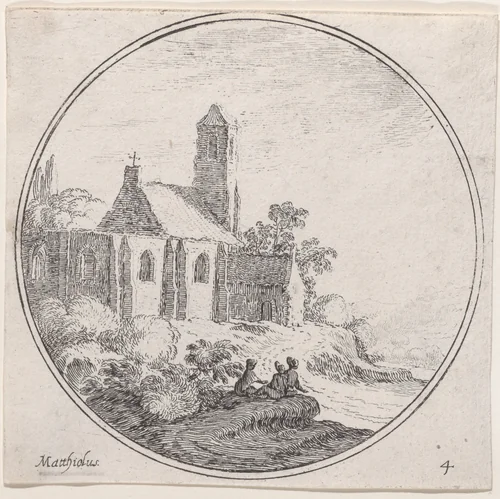 Plate 4: three figures seated outside of a church by Lodovico Mattioli, print, 1680-1747