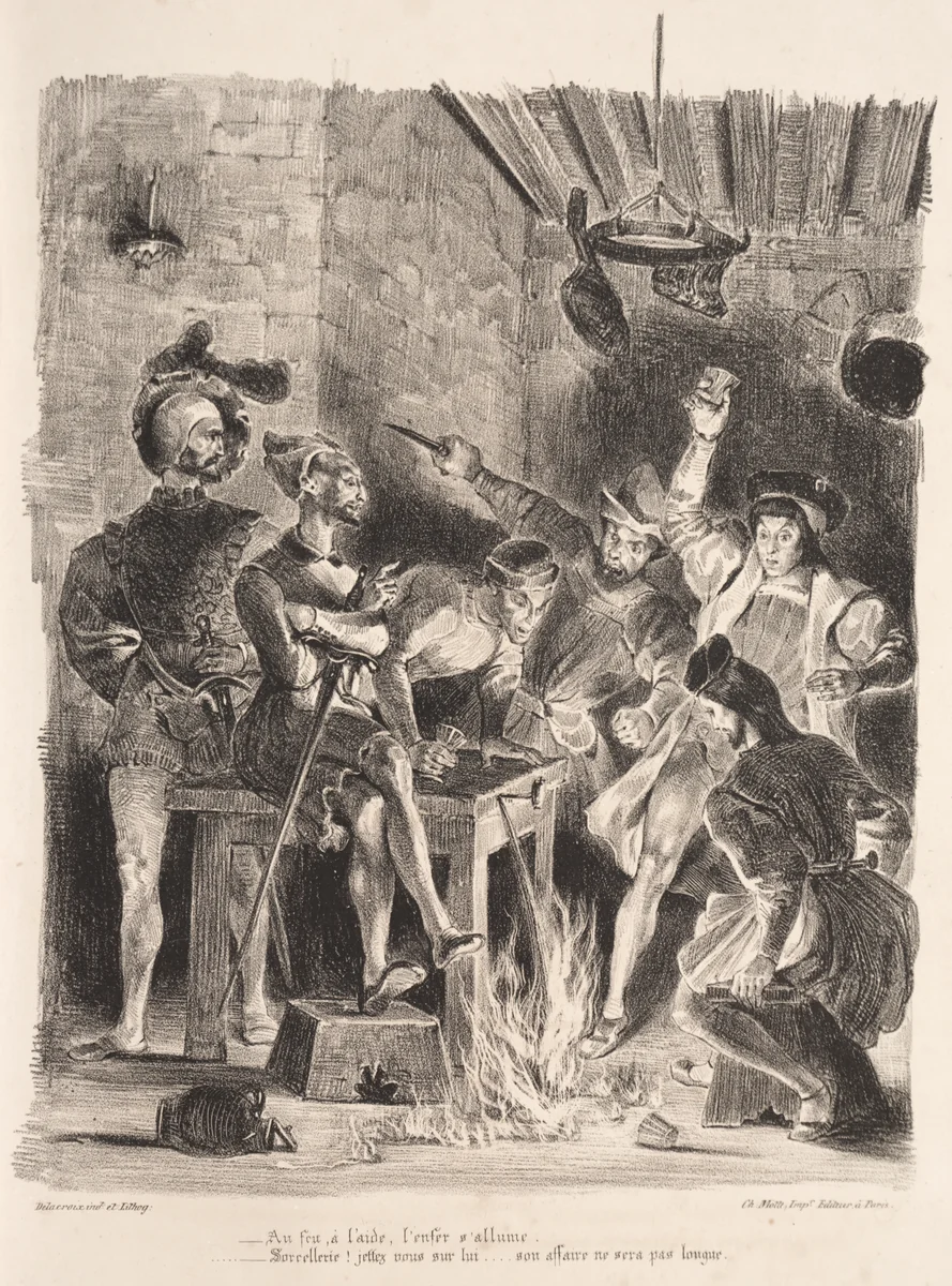 Illustrations for Faust: Méphistophélés in the tavern of the students by Eugène Delacroix, print, 1828