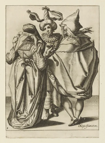 A Couple Addressing a Gesticulating Young Man, plate 8 from "The Masquerades" by Jacques de Gheyn II, print, 1595-1596