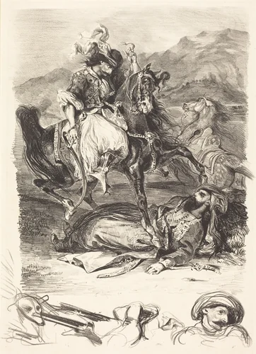 The Battle of the Giaour and the Pasha (Combat du Giaour et du Pacha) by Eugène Delacroix, print, 1827