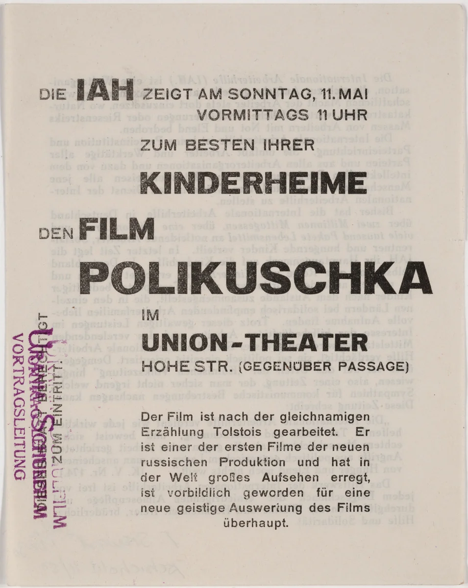 Die IAH zeigt am Sonntag, 11. Mai Vormittags 11 Uhr zum Besten ihrer Kinderheime den Film Polikuschka im Union-Theater by Franz Wilhelm Seiwert, design