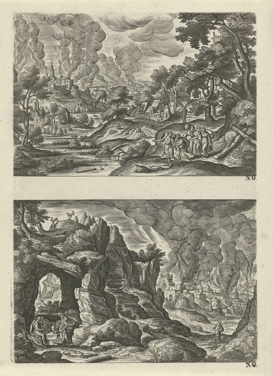 Twee landschappen met de vlucht van Lot uit Sodom by Julius Goltzius, print, 1589-1595