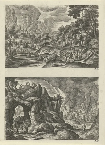 Twee landschappen met de vlucht van Lot uit Sodom by Julius Goltzius, print, 1589-1595