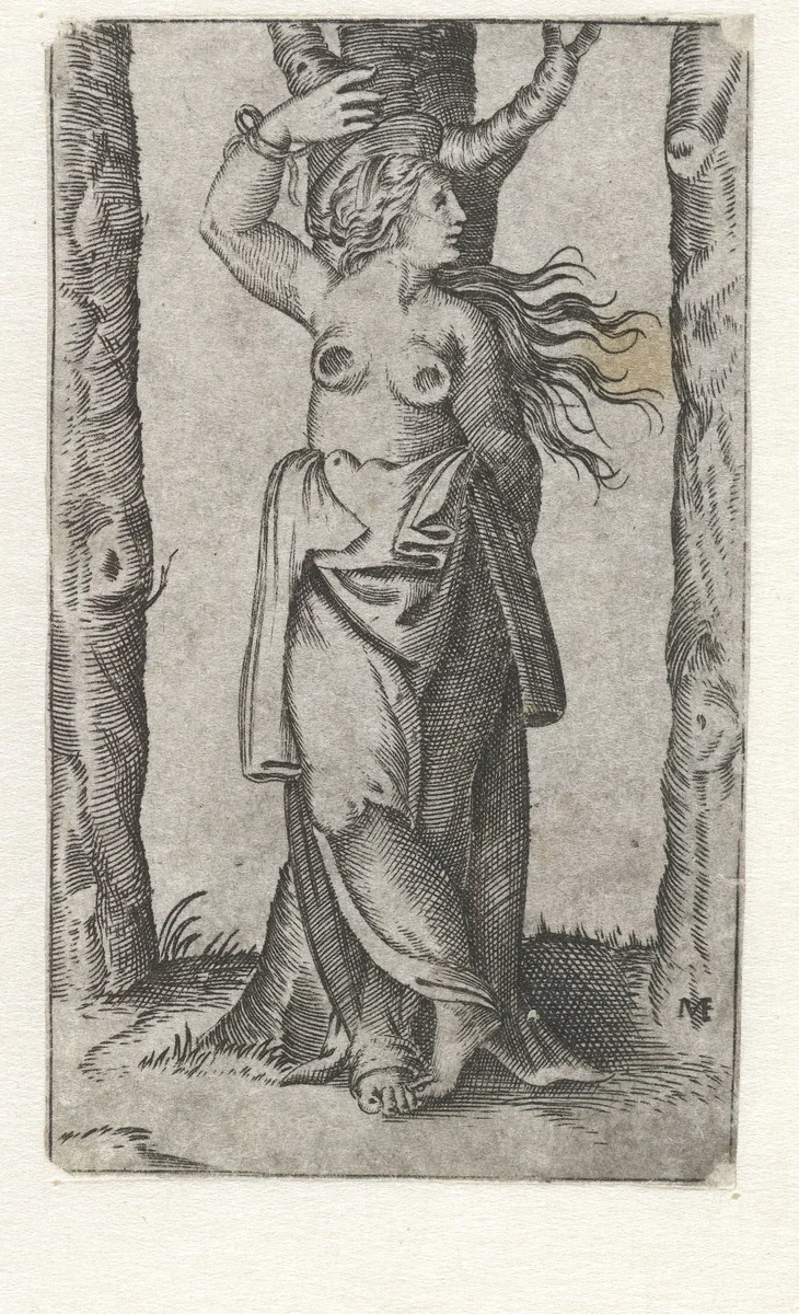 Heilige Agatha vastgebonden aan boom met afgehakte borsten by anonymous, print, 1500-1575