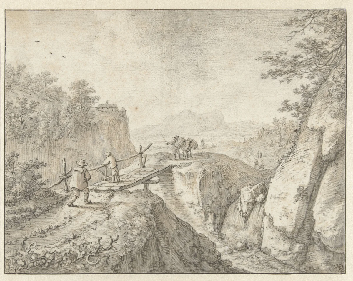 De houten brug by Herman Saftleven, drawing, 1648