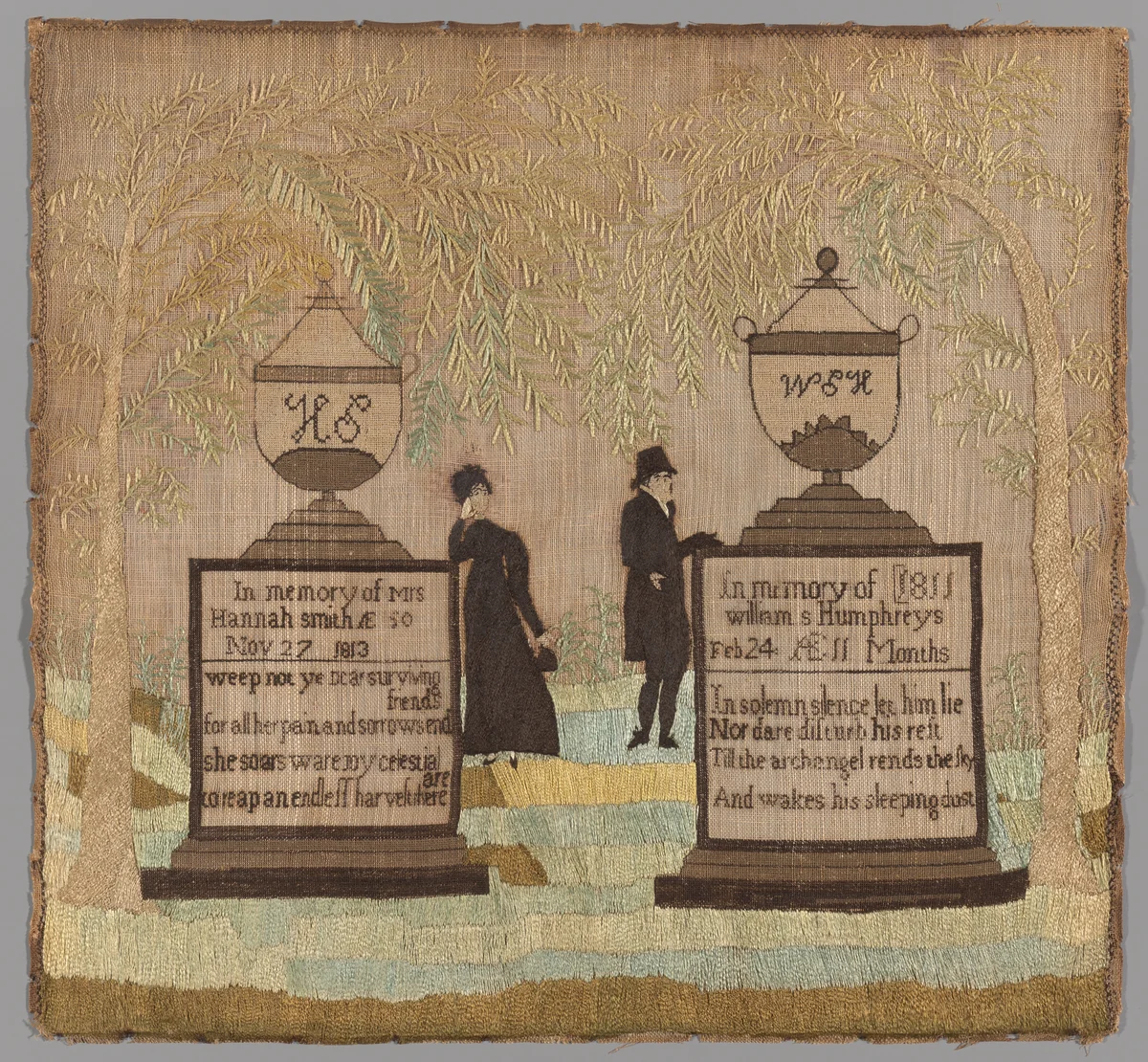 Mourning Sampler by Smith and Humphreys Families, textile, 1805-1825