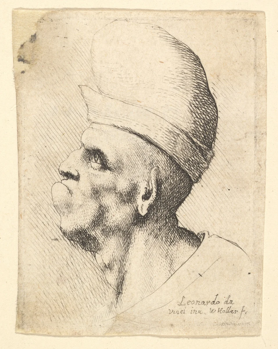 Bust of a deformed man wearing a bulbous hat in profile to the left by Wenceslaus Hollar, print, 1644-1652