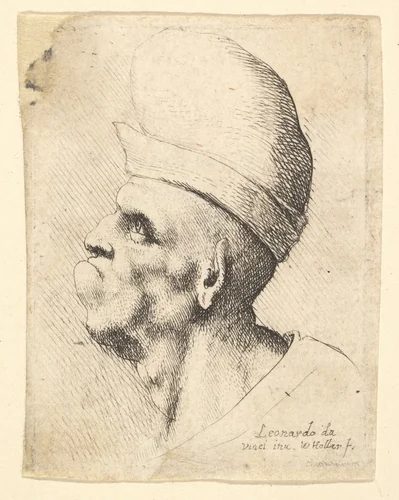 Bust of a deformed man wearing a bulbous hat in profile to the left by Wenceslaus Hollar, print, 1644-1652