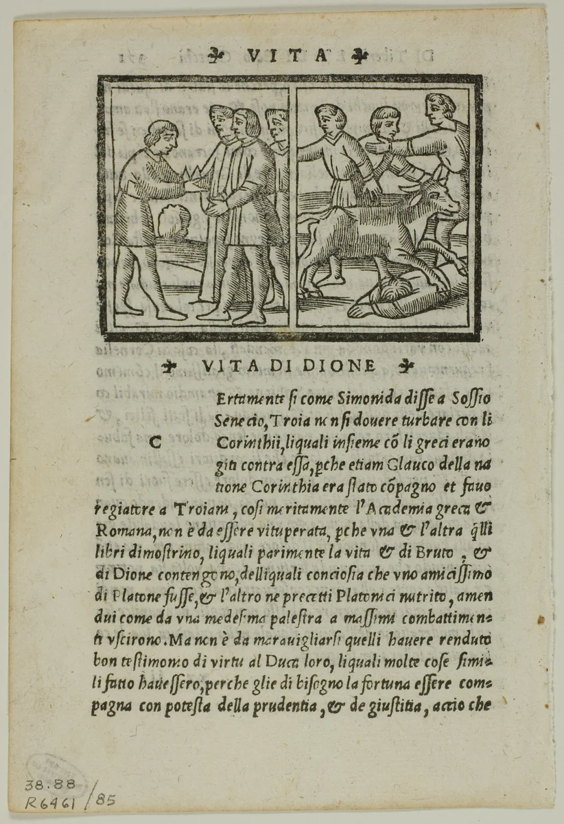 Illustration to Life of Dion from La Seconda Parte delle Vite di Plutarcho di greco in latino & di latino in volgare tradotte, plate 85 from Woodcuts from Books of the XVI Century by Unknown Artist, print, 1538