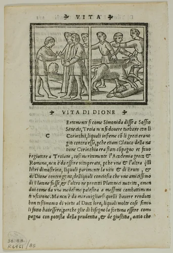 Illustration to Life of Dion from La Seconda Parte delle Vite di Plutarcho di greco in latino & di latino in volgare tradotte, plate 85 from Woodcuts from Books of the XVI Century by Unknown Artist, print, 1538