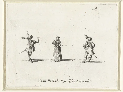 Dame, een fles in de handen, op de linkerzijde gezien, tussen twee heren by Jacques Callot, print, 1633-1635