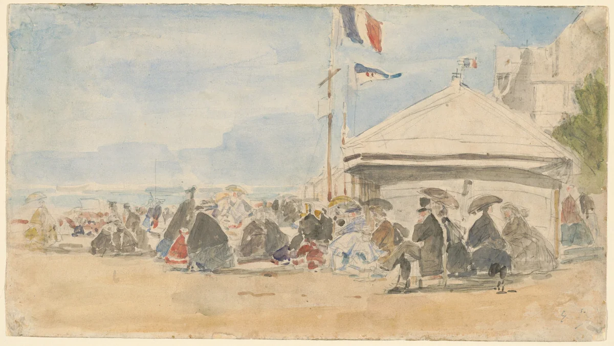 Beach House with Flags at Trouville by Eugène Boudin, drawing, 1865