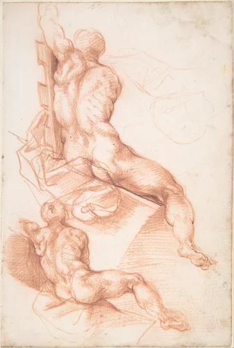 Two Studies of a Seated Male Nude Seen from the Back by Cherubino Alberti, drawing, 1596-1602