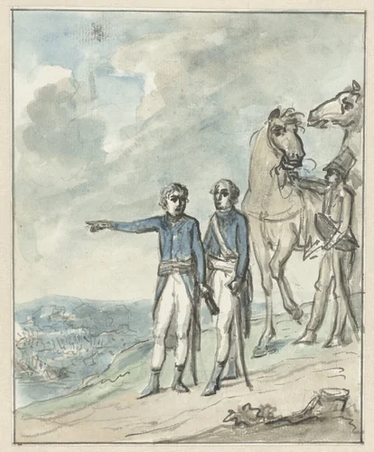 De generaals Napoleon en Berthier by Jurriaan Andriessen, drawing, 1801