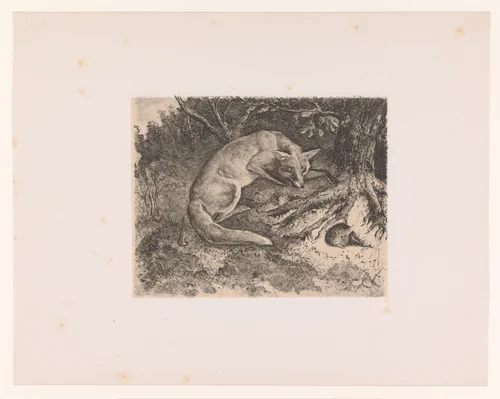 Vos jagend op een konijn by Charles Verlat, print, 1834-1890