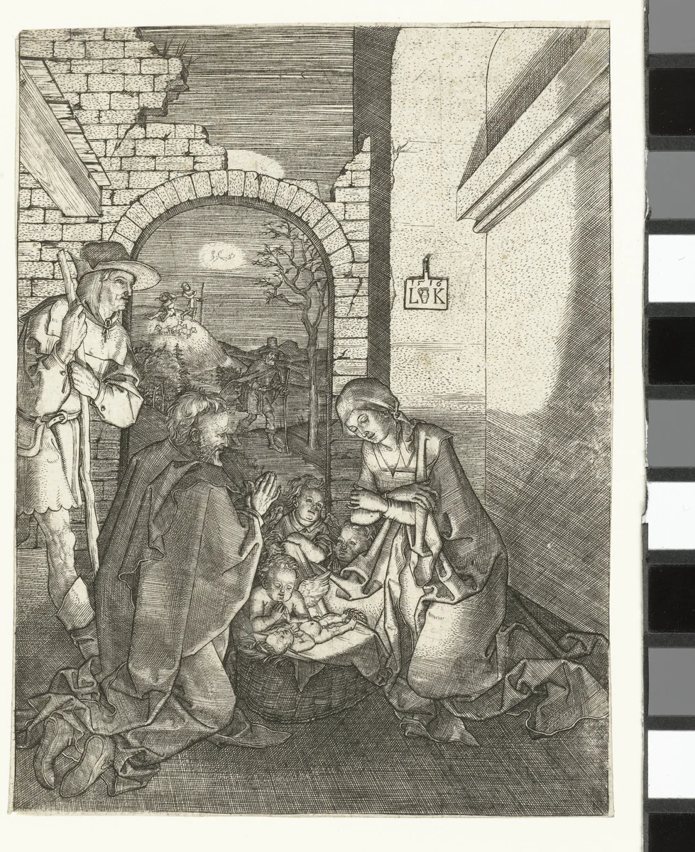 Geboorte van Christus en aankondiging aan herders by Unknown, print, 1516