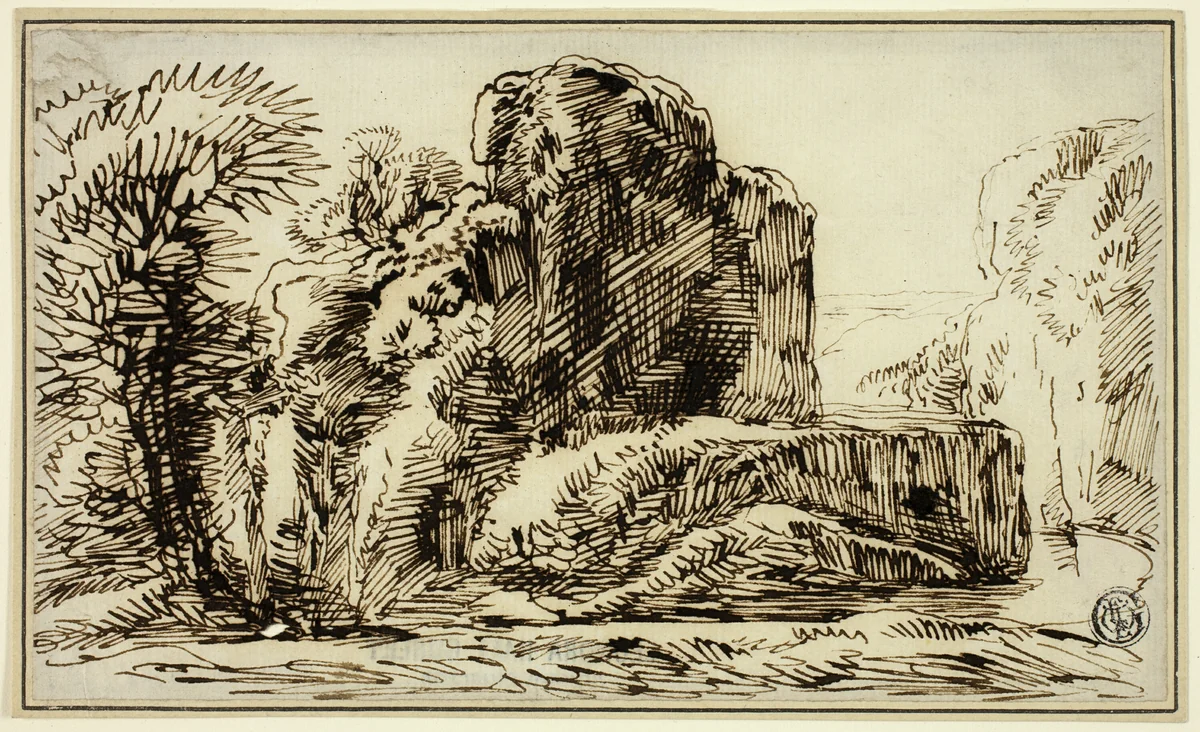Rocks, Trees, and River by Franz Kobell, drawing, 1769-1822
