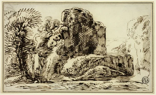 Rocks, Trees, and River by Franz Kobell, drawing, 1769-1822