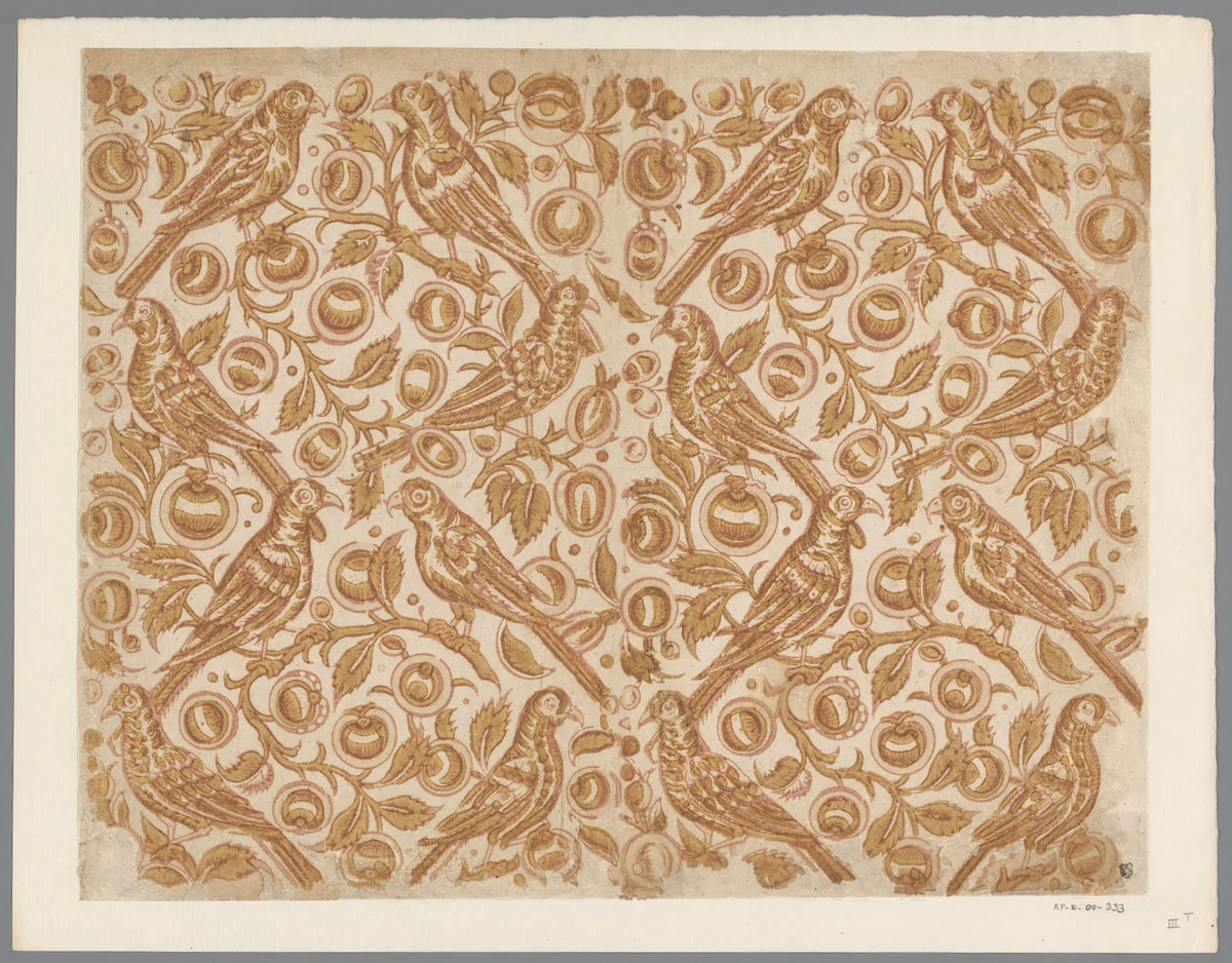 Blad met papgaaiachtige vogels op gestileerde takken met vruchten by anonymous, print, 1700-1850