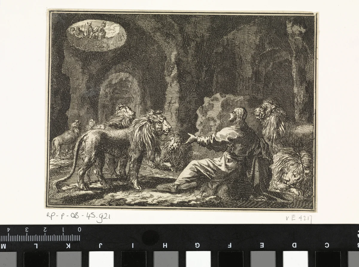 Daniël in de leeuwenkuil by Jan Luyken, print, 1712