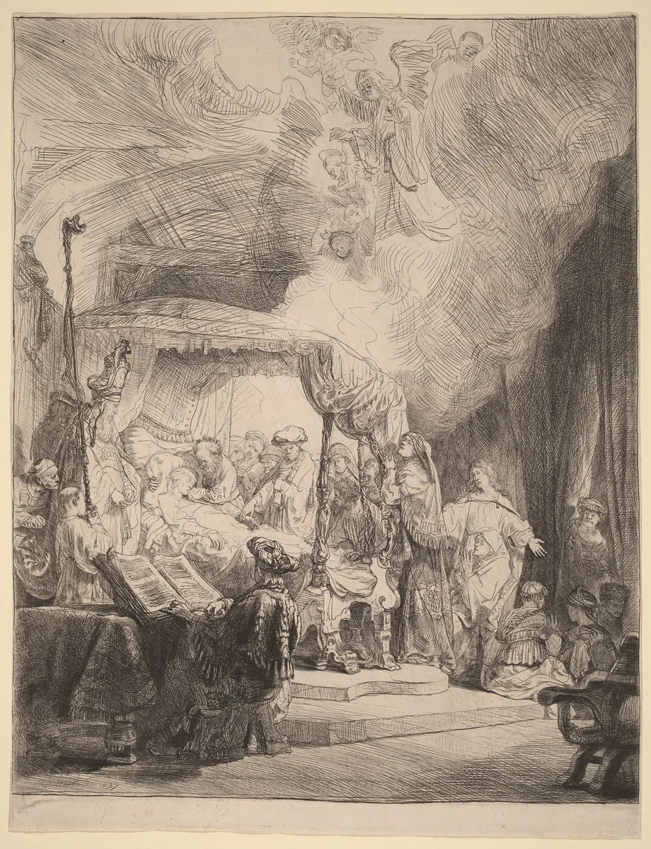 The Death of the Virgin by Rembrandt van Rijn, print, 1639