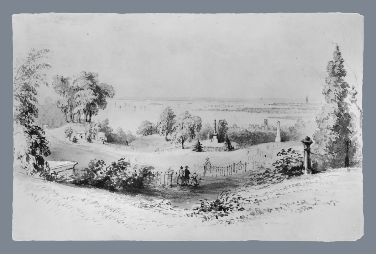 New York from Greenwood Cemetery by William Henry Bartlett, artwork, 1809-1859