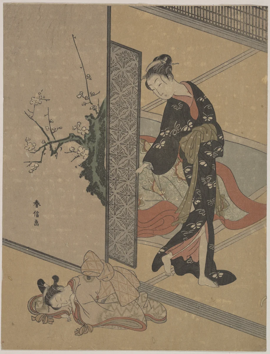 Young Lady Looking through Door at Her Kamuro (Little Servant) who is Asleep on the Floor by Suzuki Harunobu (鈴木春信), print, 1725-1770
