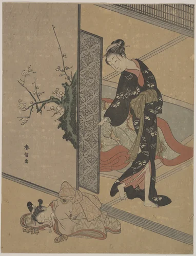 Young Lady Looking through Door at Her Kamuro (Little Servant) who is Asleep on the Floor by Suzuki Harunobu (鈴木春信), print, 1725-1770
