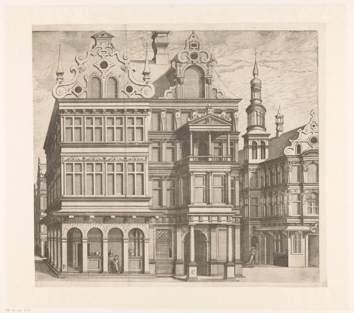 Gezicht op twee huizen by Unknown, print, 1547-1578