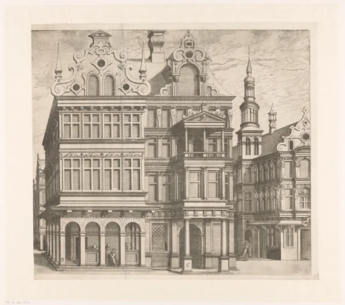 Gezicht op twee huizen by Unknown, print, 1547-1578