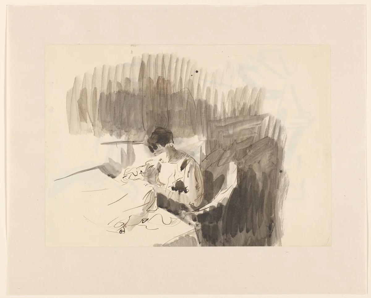 Naaiende vrouw, zittend aan een tafel by Rik Wouters, drawing, 1915