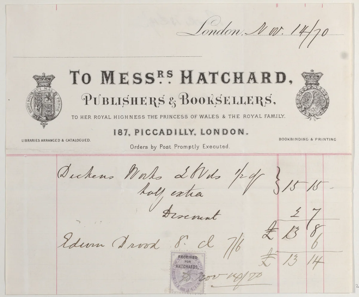 Trade card for Messrs. Hatchard, publishers and booksellers by anonymous, print, 1800-1900