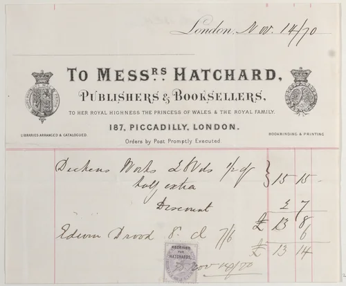 Trade card for Messrs. Hatchard, publishers and booksellers by anonymous, print, 1800-1900