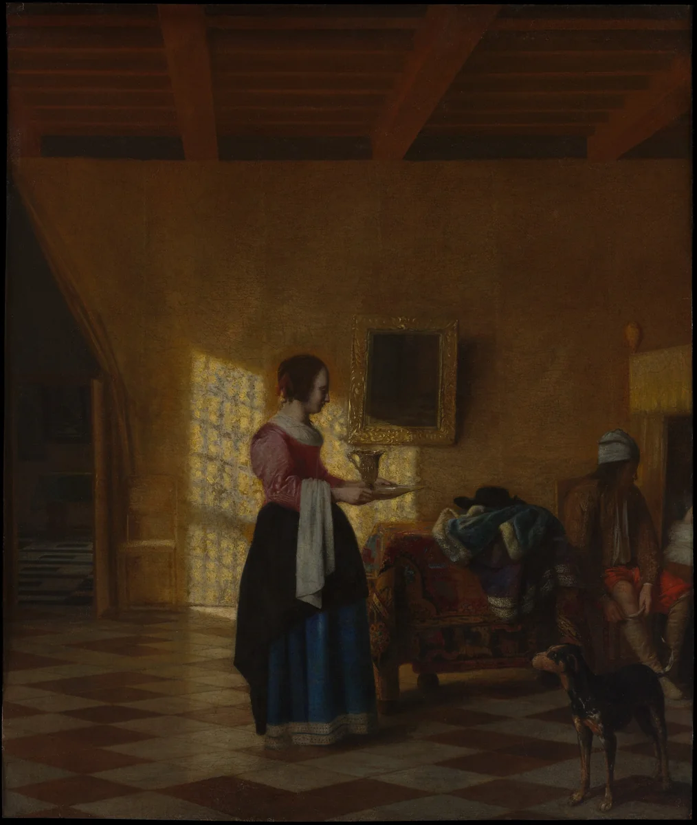 Woman with a Water Pitcher, and a Man by a Bed by Pieter de Hooch, painting, 1667-1670