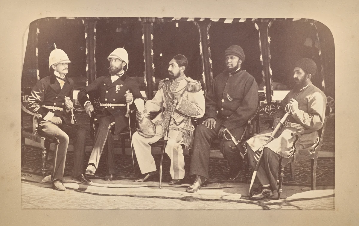 The Amir Yakub Khan, General Daod Shah, Habeebula Moustafi, Major Cavagnari, Mr. Jenkyns by John Burke, photograph, 1878-1880