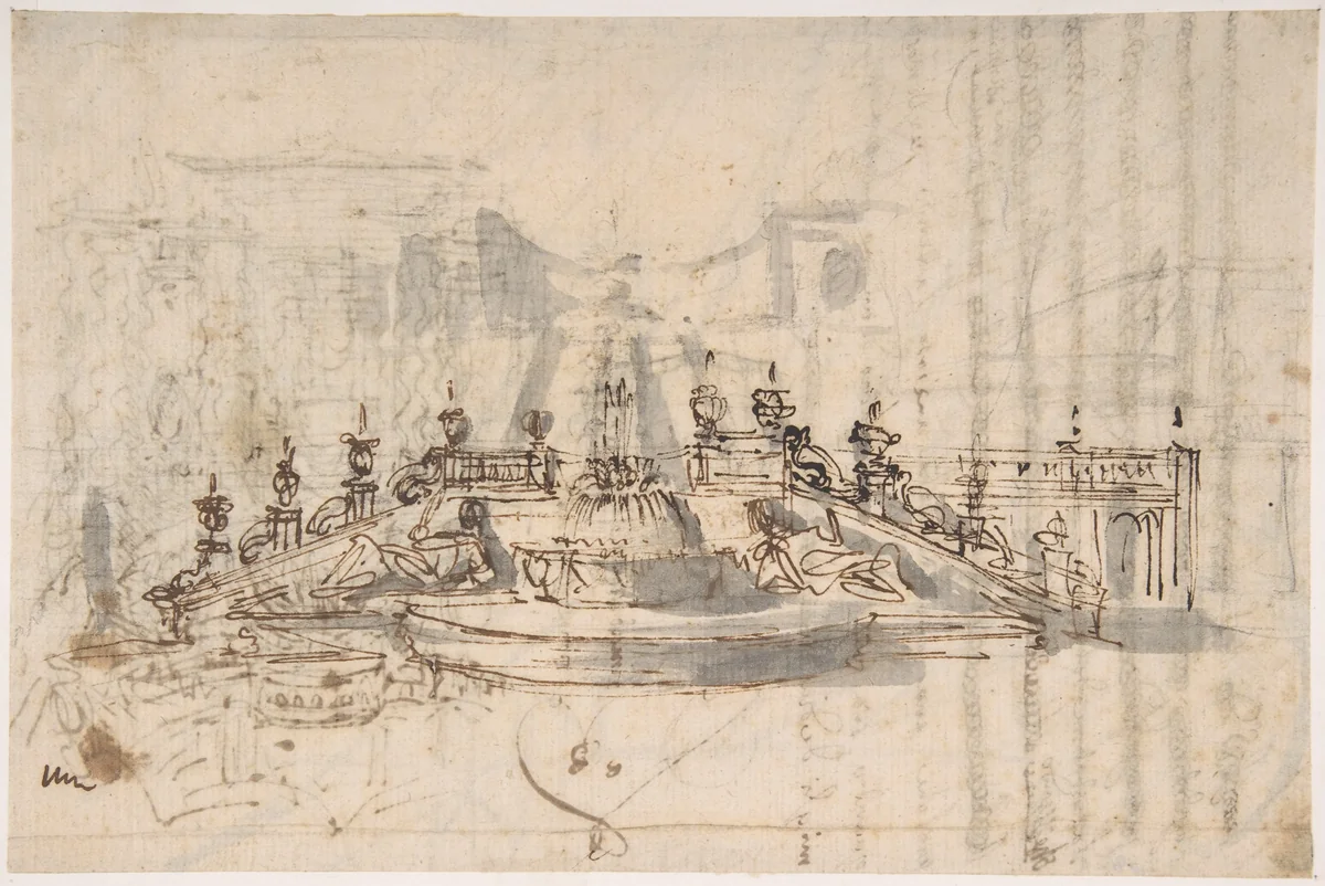 Manuscript page with a Project for a Fountain (recto); Project and Plan for a Monumental Staircase (verso) by Luigi Vanvitelli, drawing, 1740-1760