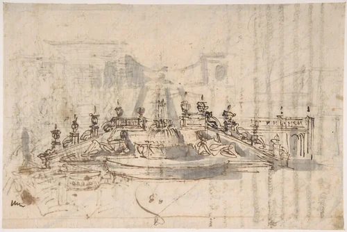 Manuscript page with a Project for a Fountain (recto); Project and Plan for a Monumental Staircase (verso) by Luigi Vanvitelli, drawing, 1740-1760