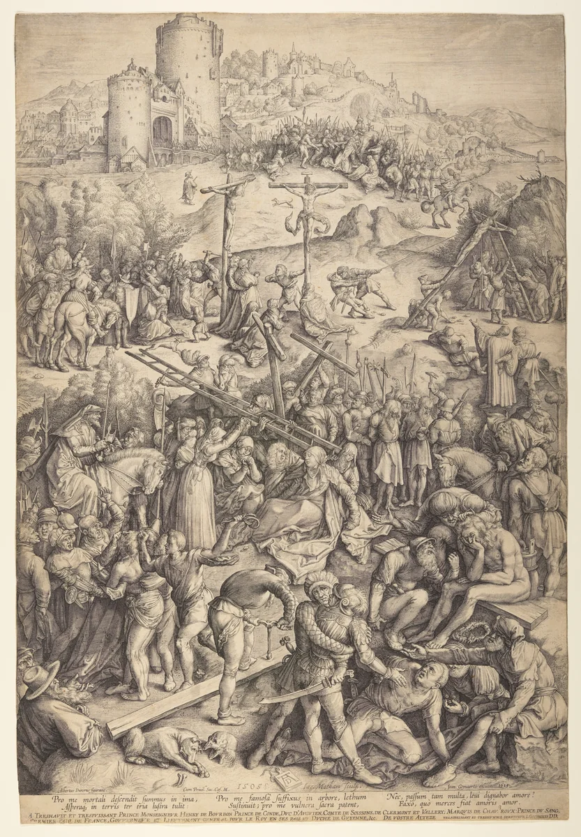 The Mocking, Flagellation, and Crucifixion of Christ by Jacob Matham, print, 1615