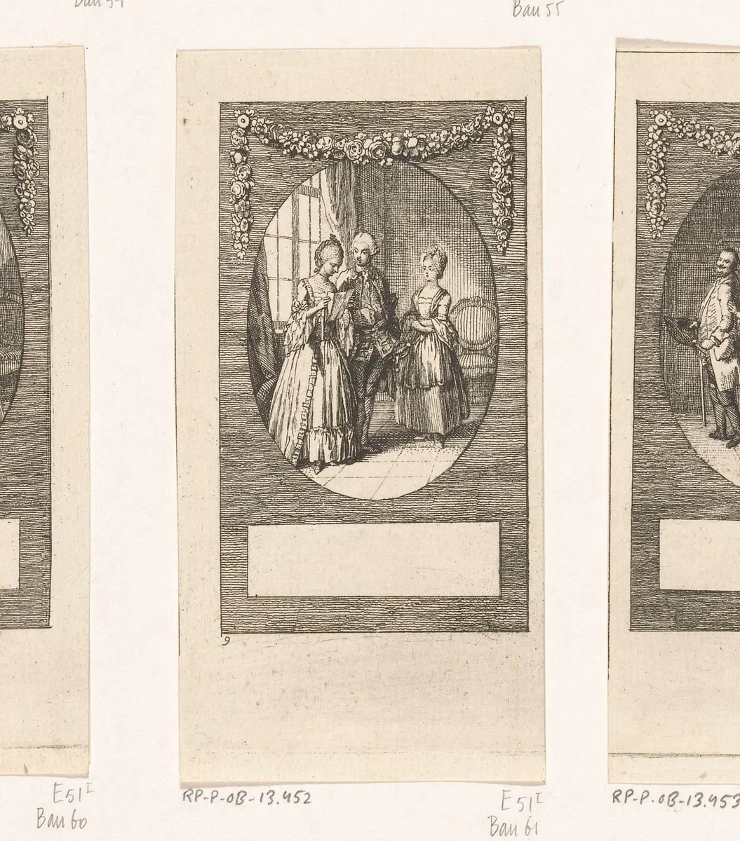 Major Tellheim laat Minna von Barnhelm de brief van de koning lezen by Daniel Nikolaus Chodowiecki, print, 1769