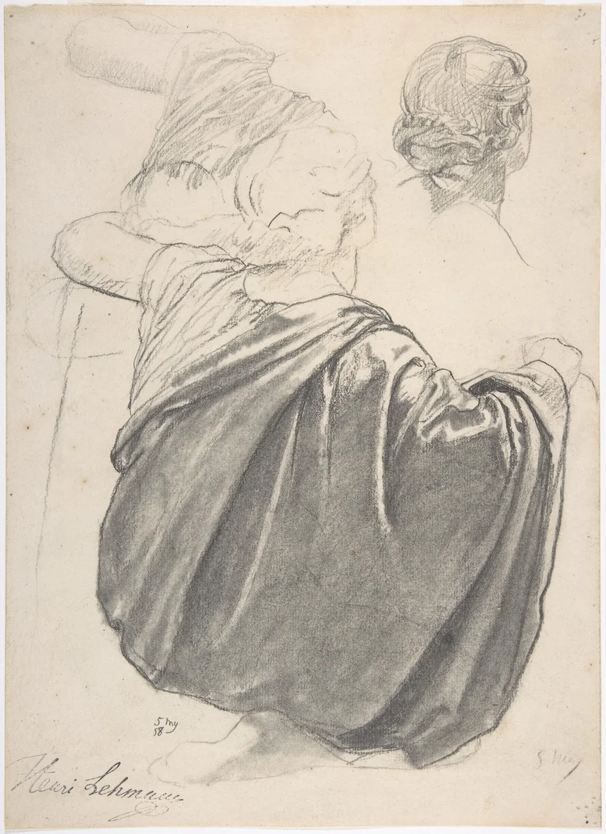 Studies of a Draped Female Figure, Kneeling, Seen from the Back, for the East Transept of the Chruch of Sainte-Clothilde, Paris by Henri Lehmann, drawing, 1858
