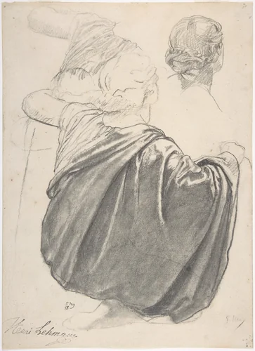 Studies of a Draped Female Figure, Kneeling, Seen from the Back, for the East Transept of the Chruch of Sainte-Clothilde, Paris by Henri Lehmann, drawing, 1858