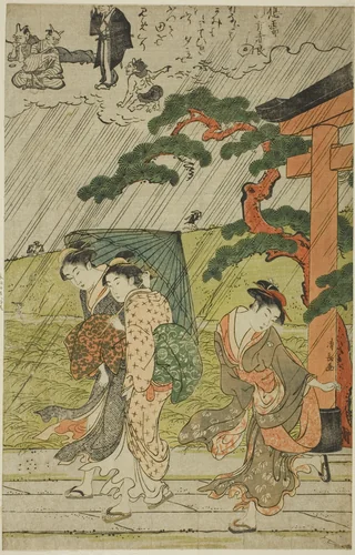 Sudden Shower at Mimeguri Shrine by Torii Kiyonaga (鳥居清長), print, 1782-1792