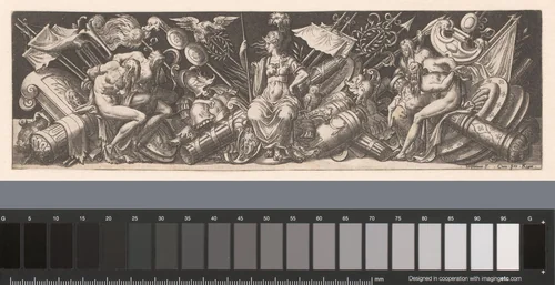 Bellona gezeten op oorlogstrofeeën by Unknown, print, 1528-1583